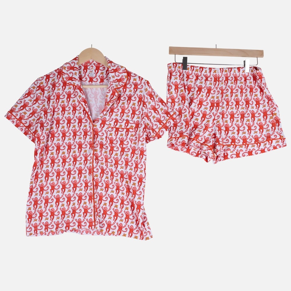 Roller Rabbit Cherry Monkey Polo Pajama Set Pima Cotton Shorts Pajamas M